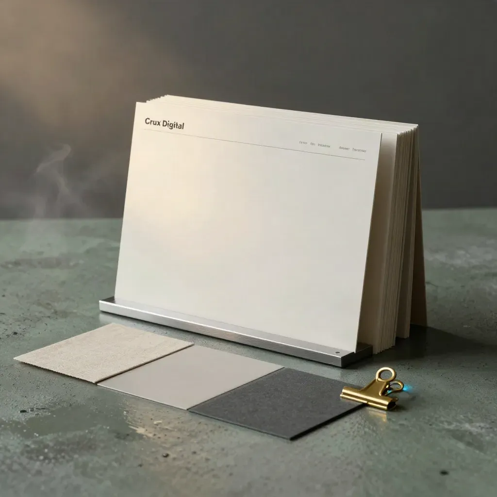 Brand strategy toolkit: blank wireframe cards, metal plates, swatches and brass clip on rain-dark concrete.