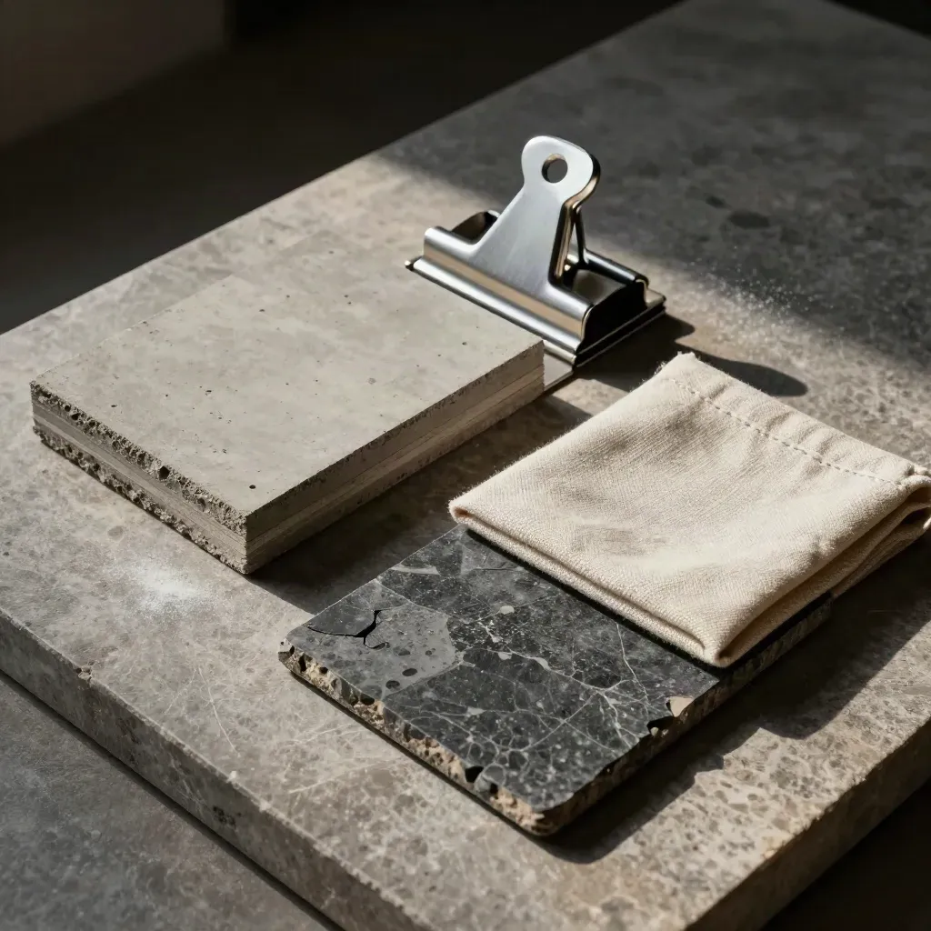 Top-down architecture sample kit on brushed stone with dust and dramatic shadow.