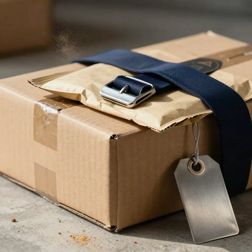 Shipping materials cluster on concrete with navy tie, buckle, mailer and tag.