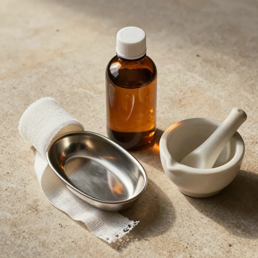 Amber medicine bottle, kidney dish, gauze roll, and mortar on limestone with dramatic light.