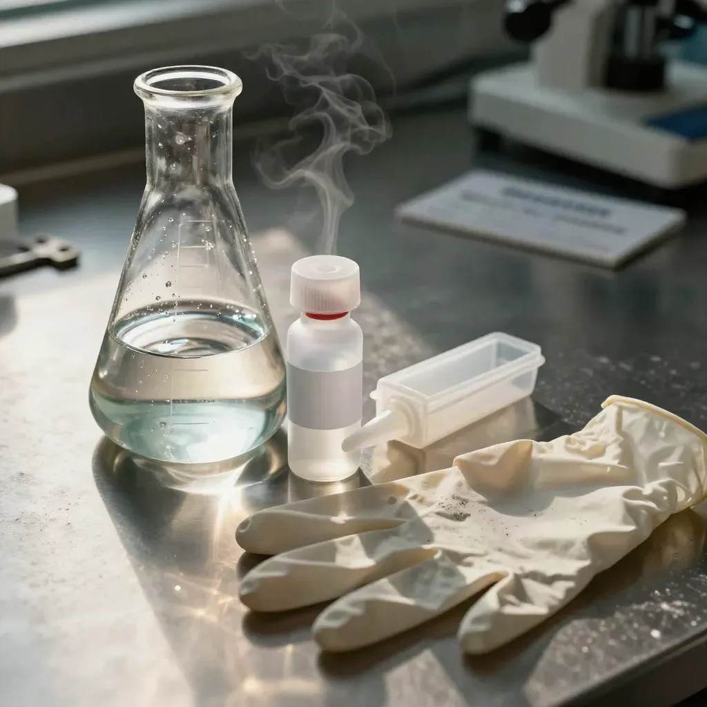 Biotech prep still life with flask, vial, tip box and folded gloves in cool vapor.