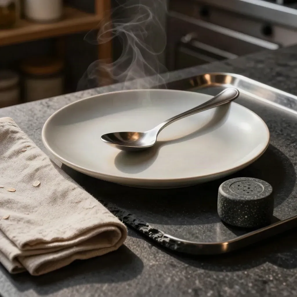 Hospitality prep set with coupe plate, spoon, linen napkin, salt cellar and steel tray on dark stone.