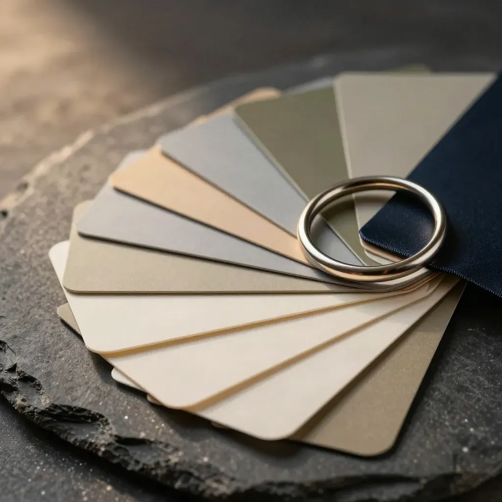 Swatch fan of paper chips and a satin sample card held by a metal ring on stone.