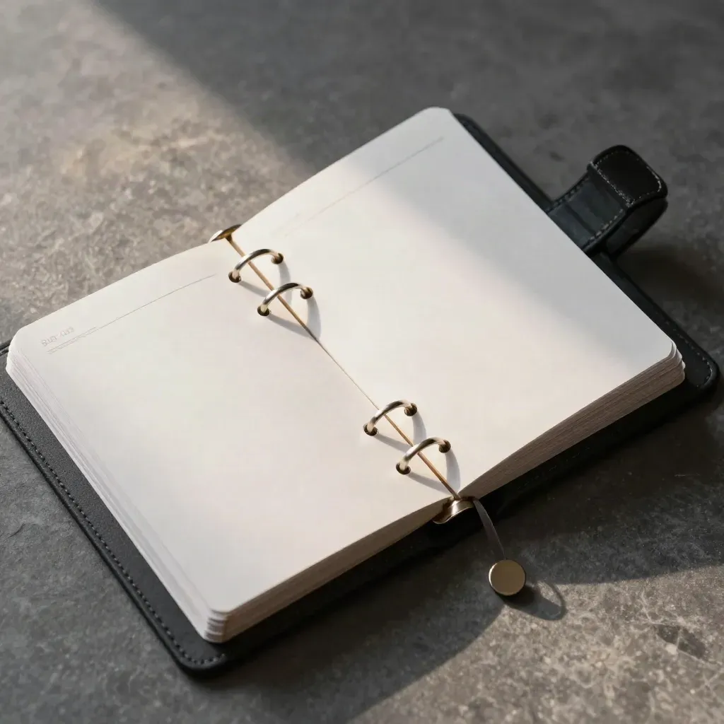 Open ring planner, blank dividers and face-down cards on graphite stone, lit from upper left.