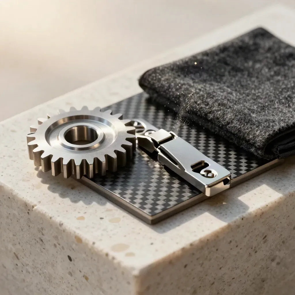 Industrial design parts kit on pale travertine: gear blank, hinge, carbon-fiber tile, felt pouch.