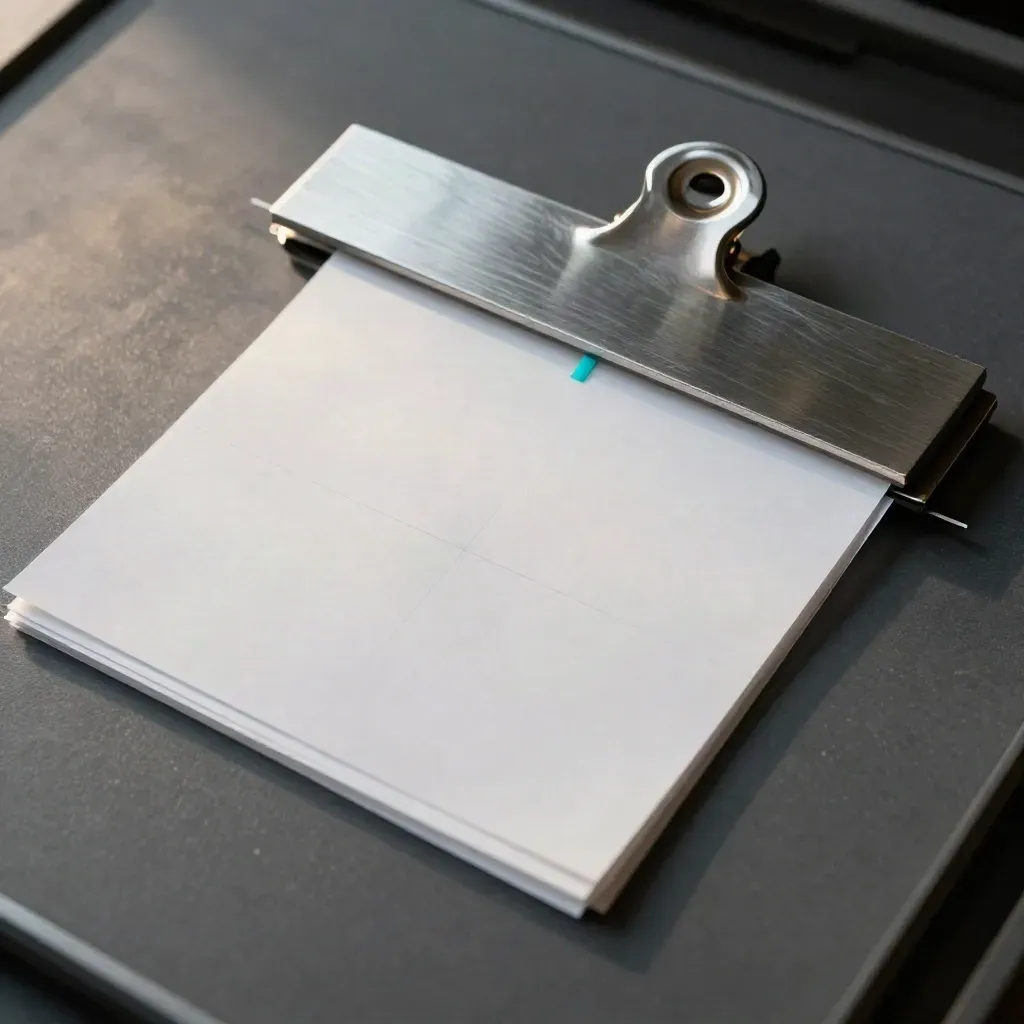 Top-down macro of acetate layout sheets clipped to an aluminum guide with paper spacers.