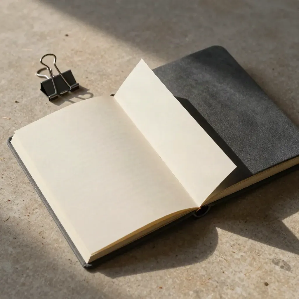 Accordion paper plan, closed notebook and binder clip on warm limestone.