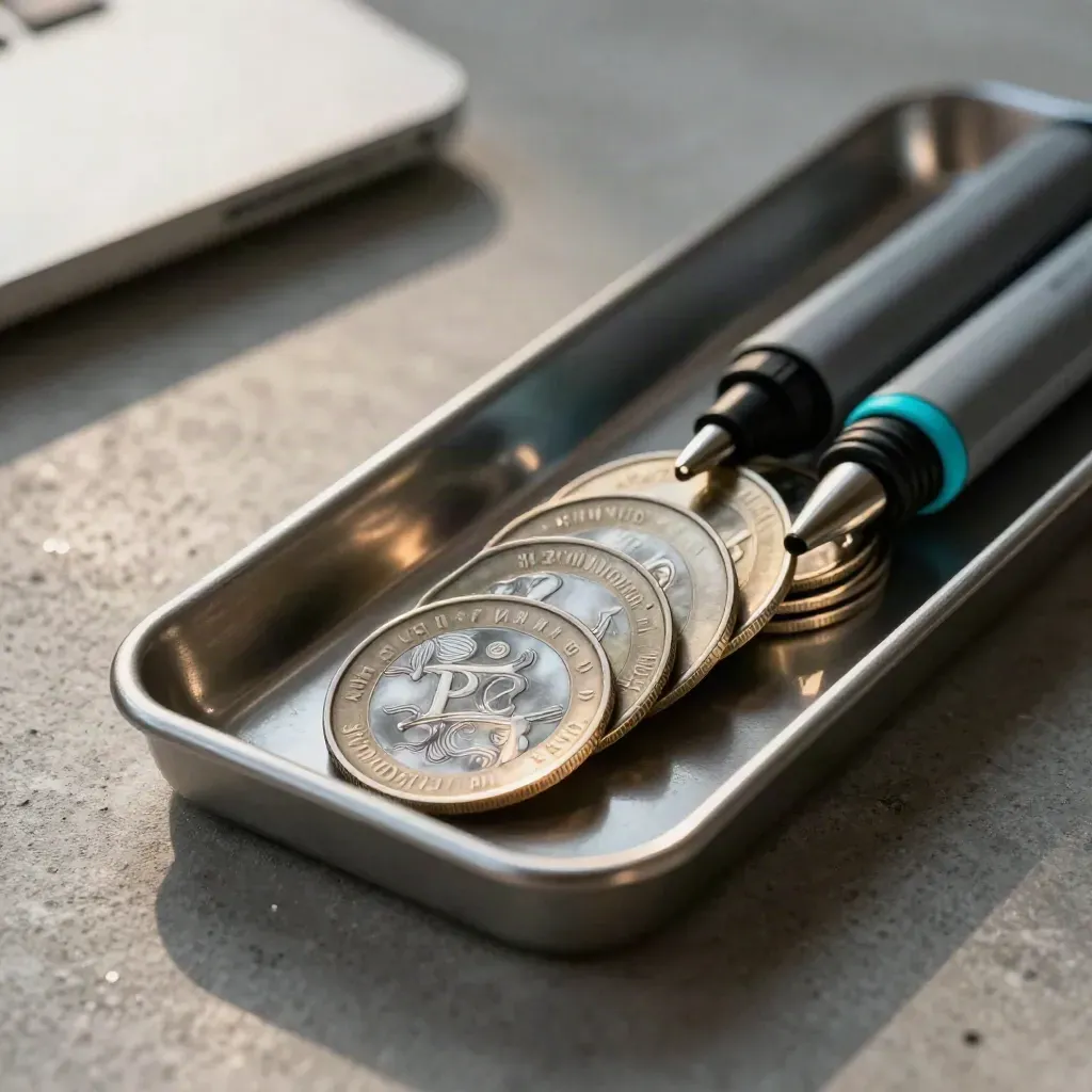 Polished budget discs and metal markers in a narrow tray on brushed steel.