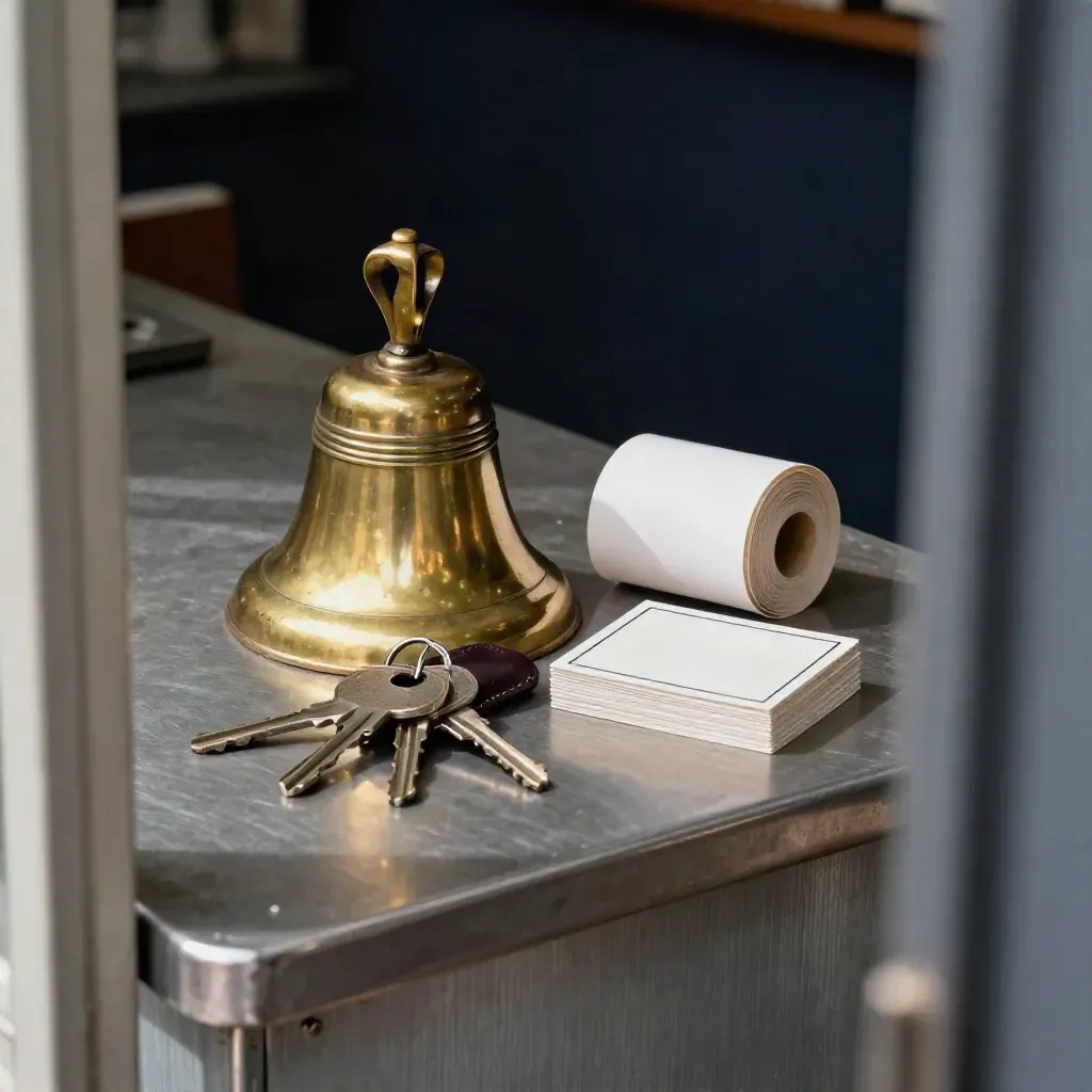 Brass shop bell, keys, receipt core and loyalty cards on a counter seen through a doorway blur.