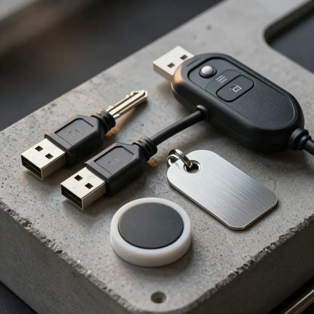 Analytics tracking key, adapters, sensor puck and blank tag on cool concrete under dramatic light.