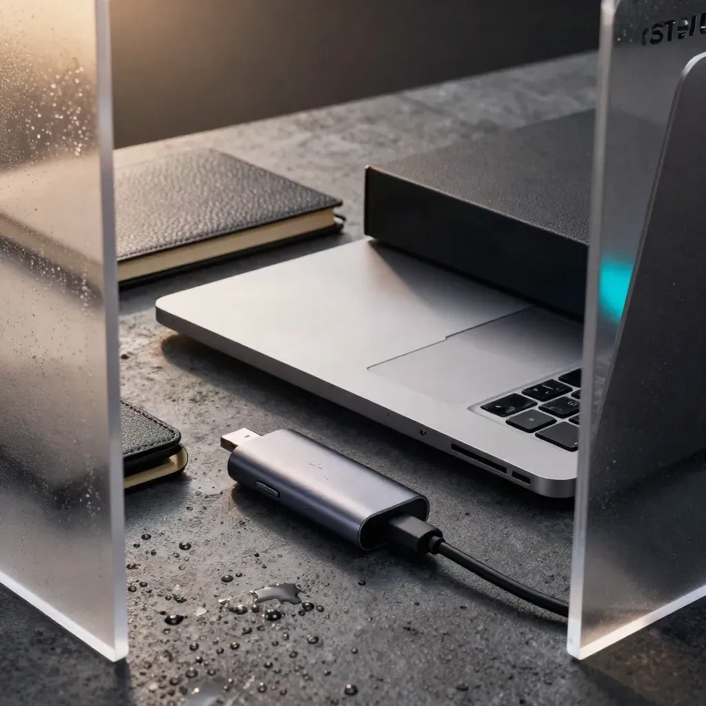 Macro still life of startup gear seen through frosted acrylic: laptop, notebook, USB-C hub, product box.