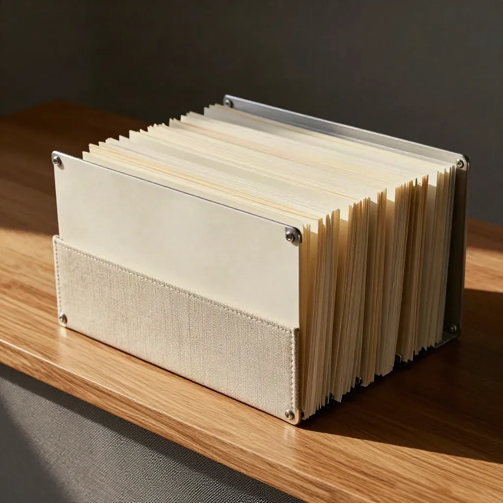 Agency workflow tools arranged on a honey-oak workbench in dramatic side light.