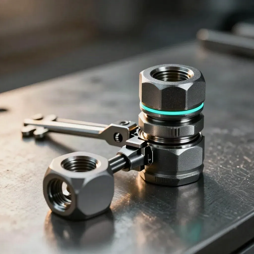 Machined metal couplers, hinge, and fork arranged on brushed steel in dramatic light.