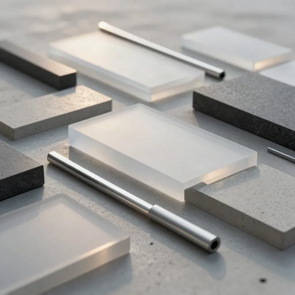 Frosted acrylic blocks and an aluminum spacer on pale concrete, lit from upper left.