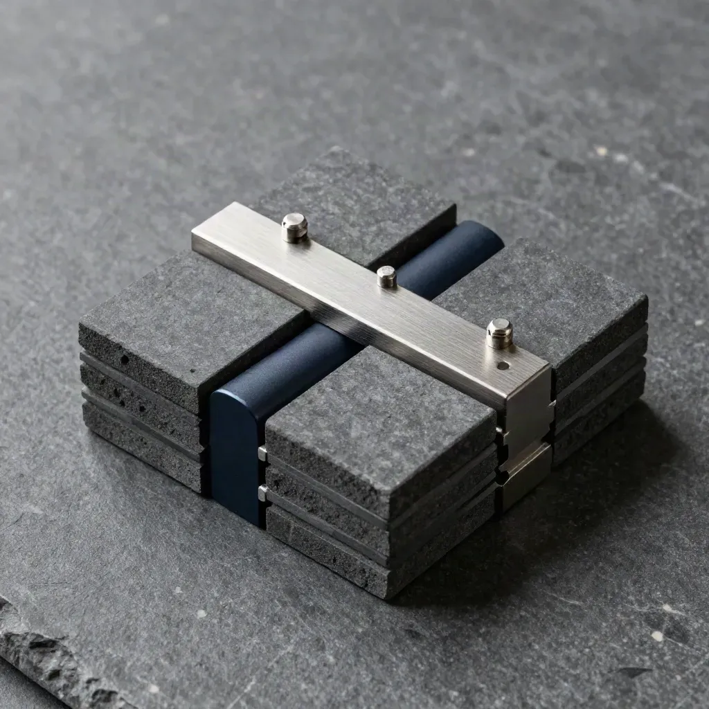 Graphite modular blocks with steel bridge piece on stone, top-down still life