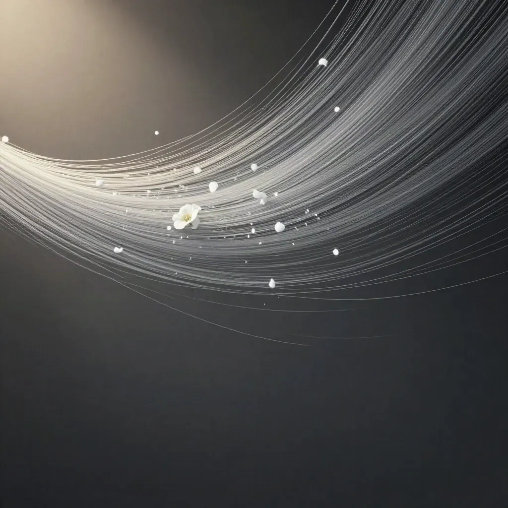 Silver filaments converge into a soft white bloom in dark graphite haze, off-centre with open copy space.