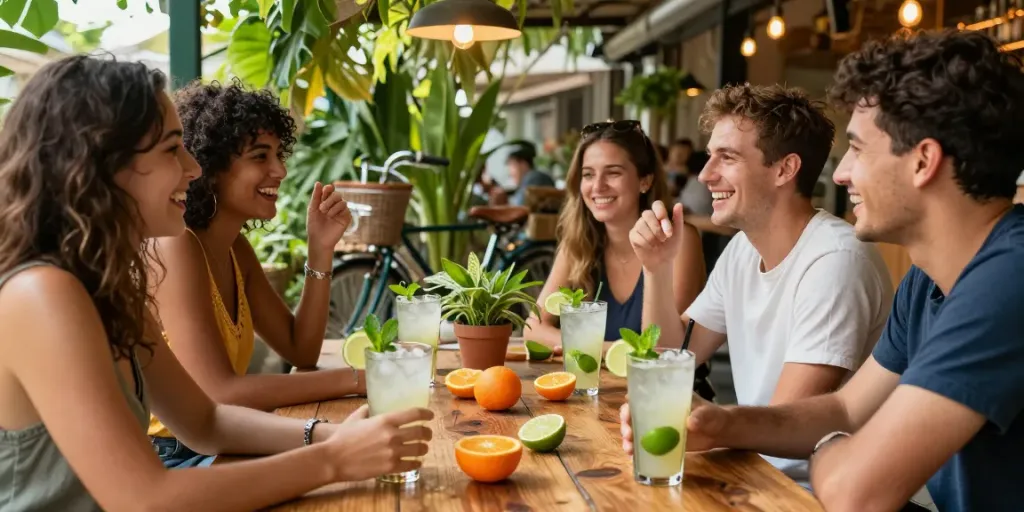 Refreshing Lime Ricky drinks served in a lively outdoor café setting with friends enjoying summer vibes.